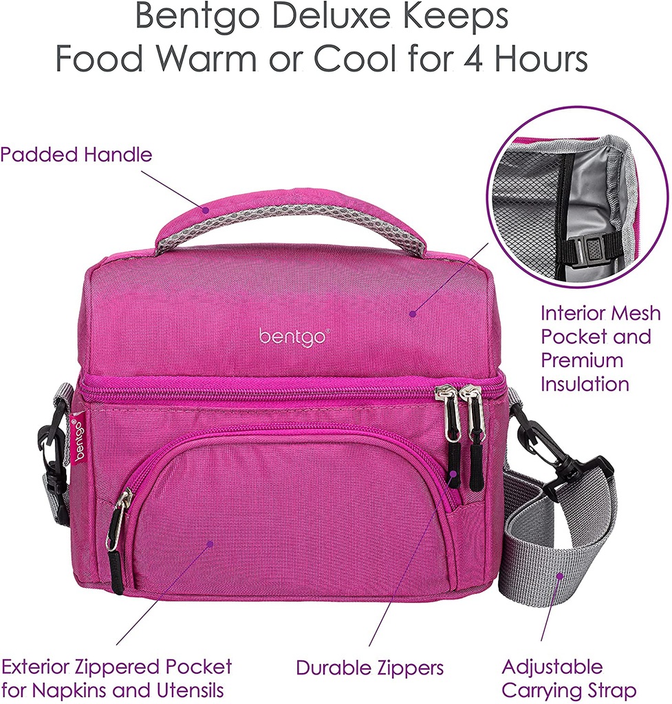 Bentgo Deluxe Lunch Bag - Durable and Insulated Lunch Tote with Zippered Outer Pocket, Internal Mesh Pocket, Padded and Adjustable Straps, & 2-Way Zippers - Fits All Bentgo Lunch Boxes (Purple)