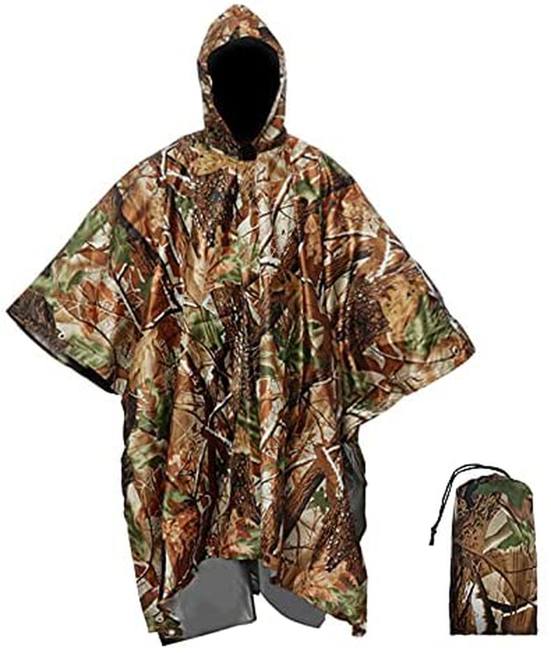 QIANQUHUI Camouflage Waterproof Rain Poncho Lightweight Reusable Hiking Hooded Coat Jacket for Outdoor Activities