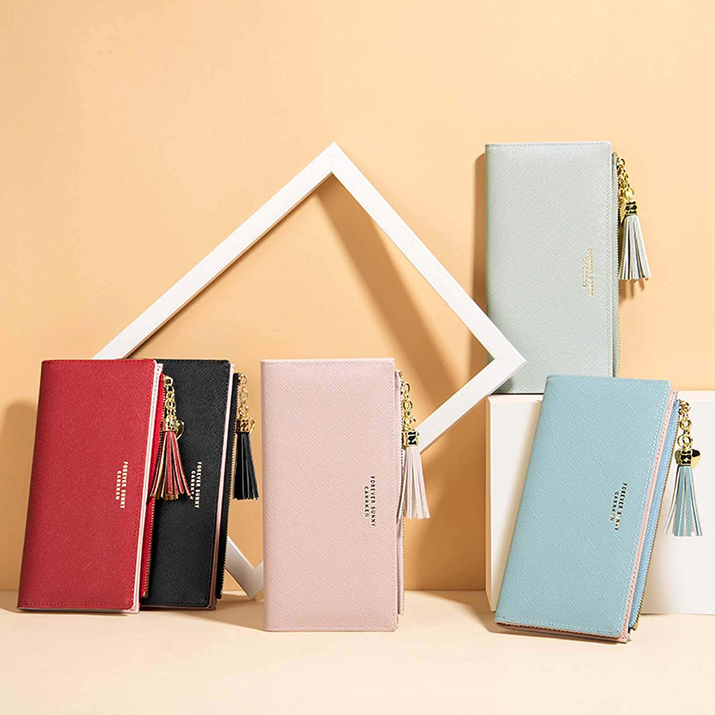 Slim Wallet for Women Long Tassel Zipper Clutch Purse Handbag Card Case Wallet (Pink)