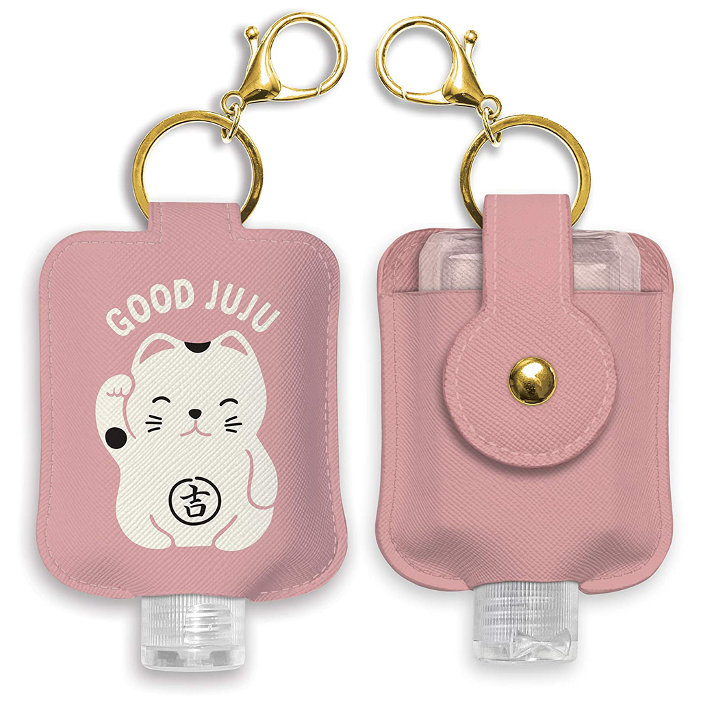 Hand Sanitizer Holder with Travel Bottle by Studio Oh! - Refillable Mini Bottle in Good Juju Cat Portable Keychain Holder Keeps Hands Clean & Germ-Free