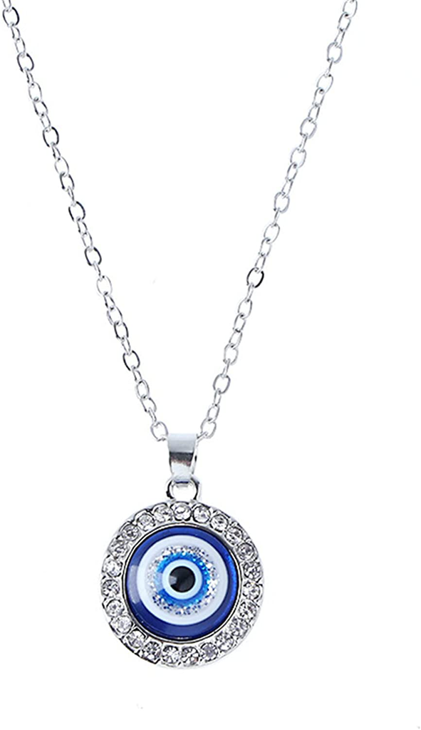 Caiyao Lucky Turkish Blue Evil Eye Rhinestone Bead Pendant Necklace round Love Heart Adjustable Link Chain Protection Necklace for Women Girl Teen Good Luck Amulet Jewelry Gift