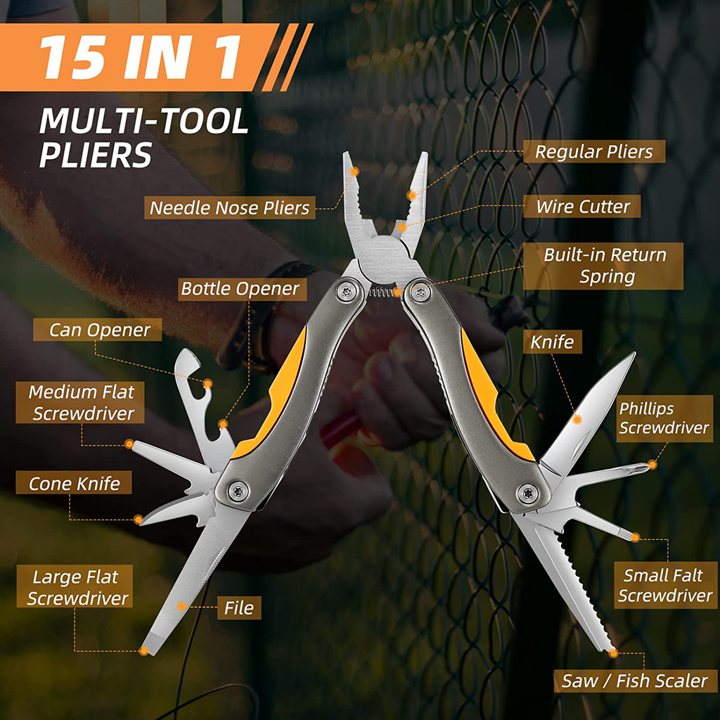 Multitool Pliers with Safety Locking, 15 in 1 Multitool Pocket Knife, Camping, Fishing, Simple Maintenance of Cool Gadgets, with Screwdriver, Folding Saw, Bottle Opener, Unique Gifts for Men Women