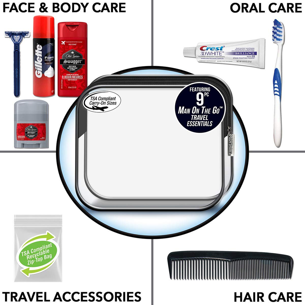 Convenience Kits International Men'S Premium 15-Piece Kit Wth Travel Size TSA Compliant Essentials, Featuring: Head & Shoulders Dandruff Shampoo Classic Clean and Palm Scalp Brush in Black Dopp Bag