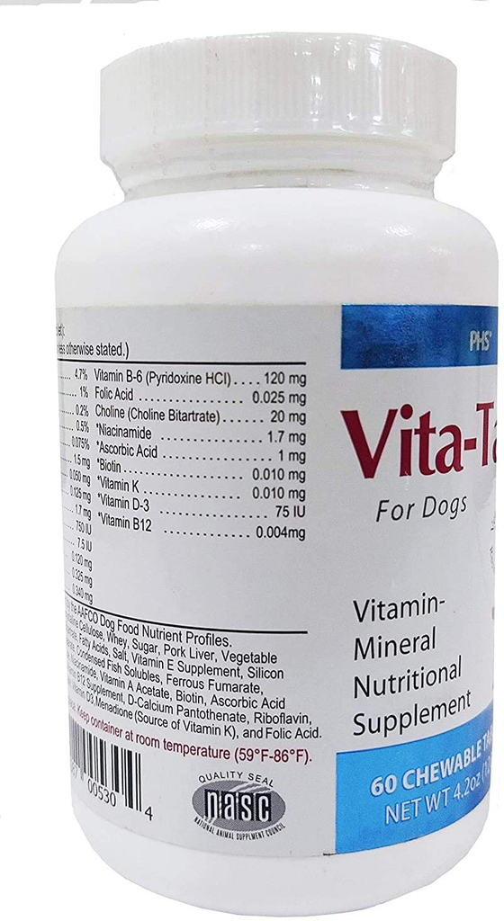 Vita-Tabs - Essential Vitamins, Minerals, Nutrients - Health Supplement for Dogs - Support Immune System, Bones - Liver Flavored - 60 Chewable Tablets