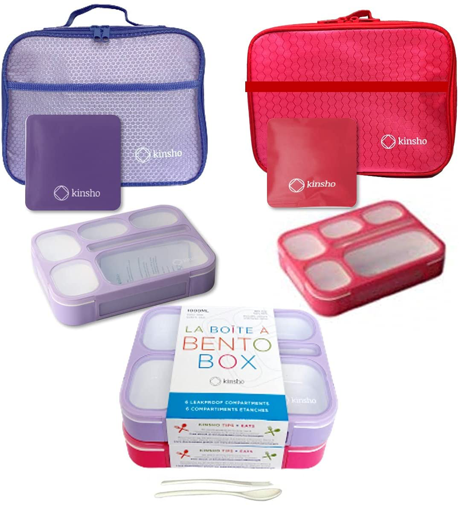 Bento-Boxes with Bags and Ice Packs Set of 2. Lunch Box Snack Containers for Kids Boys Girls Adults. 6 Compartments, Leakproof Portion Container Insulated Bag for School Lunches, Pink, Purple