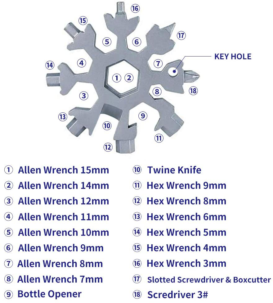 18-In-1 Snowflake Multi Tool, Stainless Steel Snowflake for Men Bottle Opener/Flat Phillips Screwdriver Kit/Wrench, Durable and Portable to Take, Great Gift for Him
