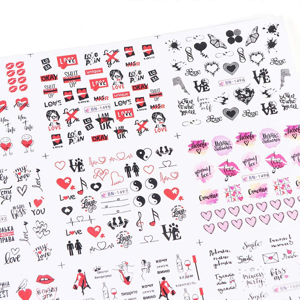 Graffiti Fun Nail Art Stickers Decals Lips Heart Nail Art Supplies Nail Accessories Decorations Nail Sticker for Acrylic Nails Love Heart Letters Design Nail Art Water Transfer Manicure Tips 12Pcs