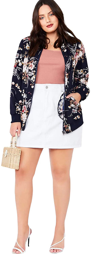 MakeMeChic Women's Plus Lightweight Floral Print Long Sleeve Zip Up Bomber Jacket Outwear