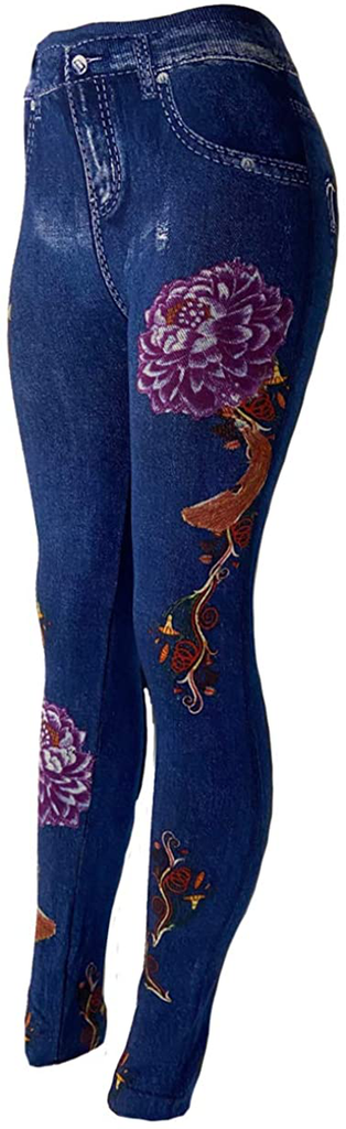 CLOYA Women's Denim Print Seamless Full Leggings for All Seasons - One Size Fits Large & X-Large