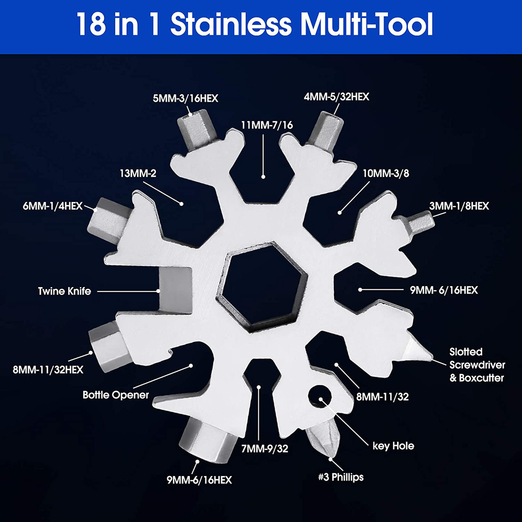 Gifts for Men/Dad 18-In-1 Snowflake Multi Tool Snowflake Tool Stainless Steel Multitool for Men Women Outdoor Travel Camping Adventure Tools (Silver)