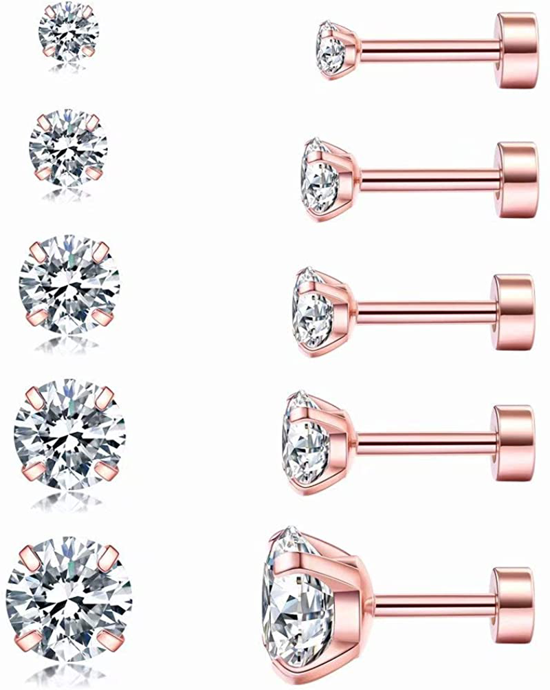 Cubic Zirconia Hypoallergenic Stud Earrings for Women Men Girls Statement Cartilage Fashion Surgical Steel Helix Earrings 5 Pairs
