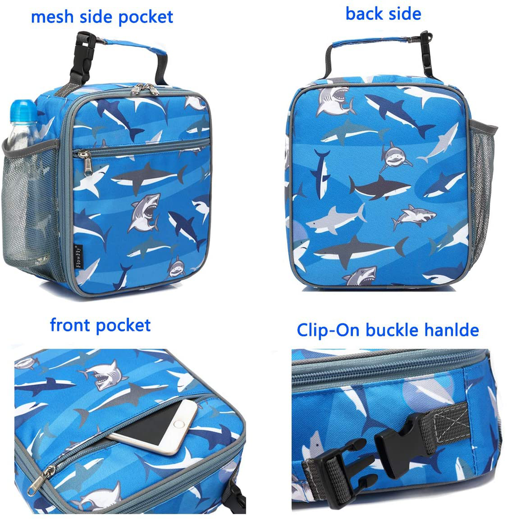 FlowFly Kids Lunch box Insulated Soft Bag Mini Cooler Back to School Thermal Meal Tote Kit for Girls, Boys, Shark
