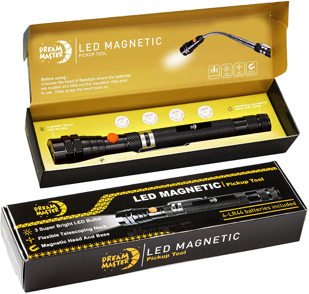 DREAM MASTER Magnet 3 LED Magnetic Pickup Tool,Unique Christmas Gift for Men, DIY Handyman, Father/Dad, Husband, Boyfriend, Him, Women, 4 X LR44 Batteries (Includes 4 Spare Batteries) 1 Pack