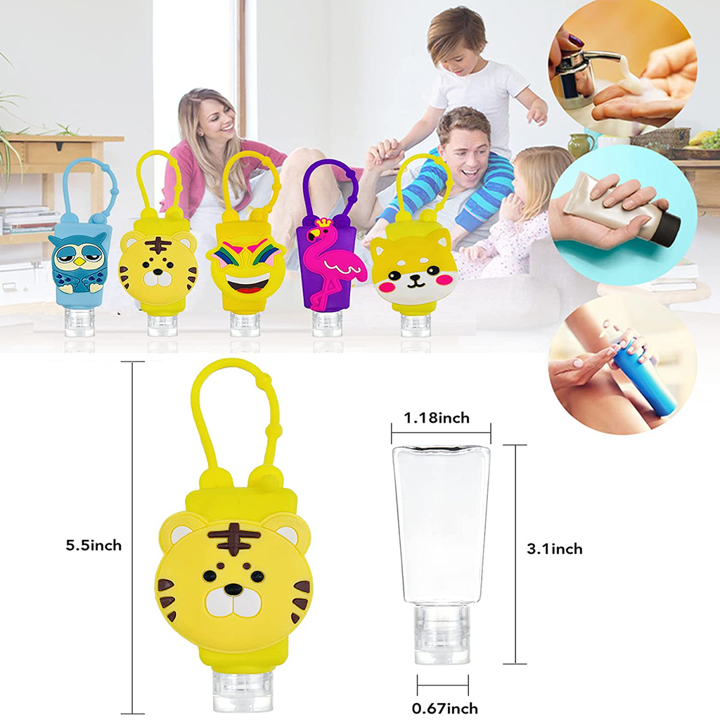 QIUFSSE 5PCS Hand Sanitizer Holder Keychain Portable Refillable Kids Hand Sanitizer Travel Size Empty Bottles 30Ml Silicone Protective Leak Proof Reusable Sanitizer Holder