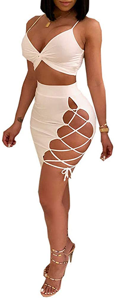 Women's Sleeveless Sexy Club Party Bandage Dresses Spaghetti Strap Two Piece Clubwear Crop Top + Lace Up Skirt