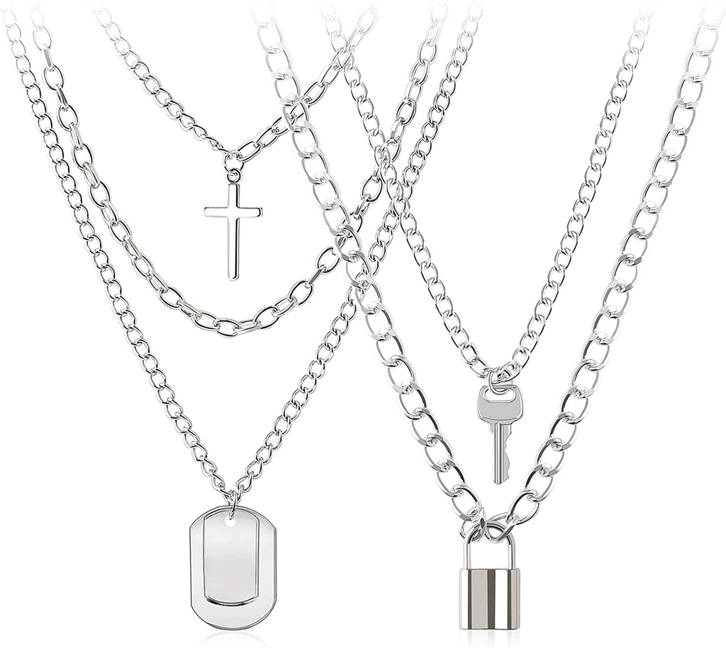 BVROSKI Lock Key Pendants Chains Necklace Set for Eboy Egirl Men Male Emo Goth Women Teen Girls Boys Jewelry Pack for Pants Punk Play