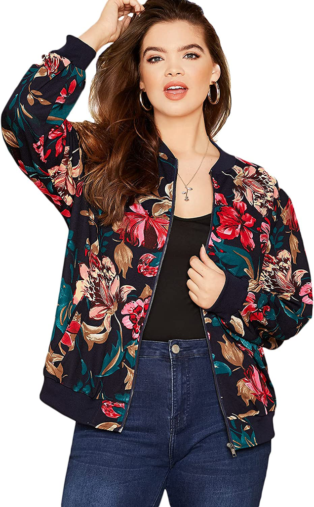 MakeMeChic Women's Plus Lightweight Floral Print Long Sleeve Zip Up Bomber Jacket Outwear