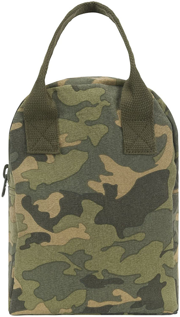 Fluf Zipper Lunch Bag | Reusable Canvas Lunch Box for Women, Men, Kids | Organic Cotton Meal Tote | (Camo)