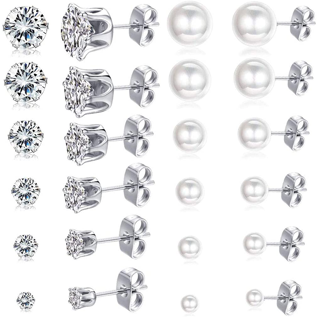 BBTO 24 Pairs Stud Earrings Crystal Pearl Earring Set Ear Stud Jewelry for  Girls Women Men, Silver and Gold 