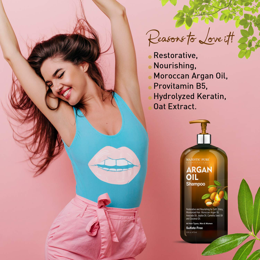 Majestic Pure Argan Oil Shampoo - Vitamin Enriched Gentle Hair Restoration Formula for Daily Use, Sulfate Free, for All Hair Types, Men and Women - 16 Fl. Oz.