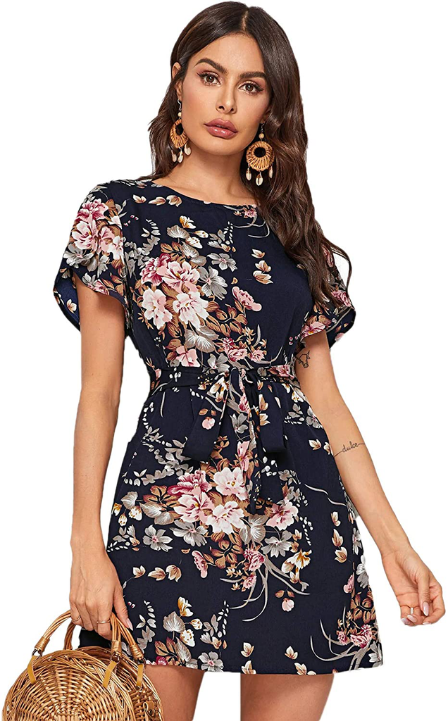 Romwe Women's Petal Short Sleeve Floral Print Belted Casual Mini Tunic – MODAndME