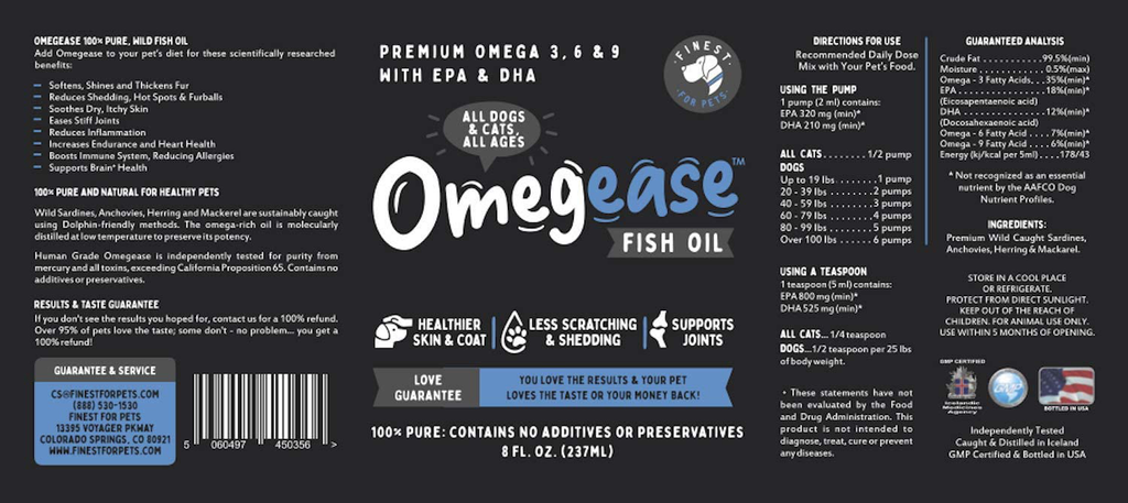 100% Pure Omega 3, 6 & 9 Fish Oil for Dogs and Cats. Supports Joint Function, Immune & Heart Health. All Natural EPA + DHA Fatty Acids for Skin & Coat. Liquid Food Supplement for Pets - 8 oz