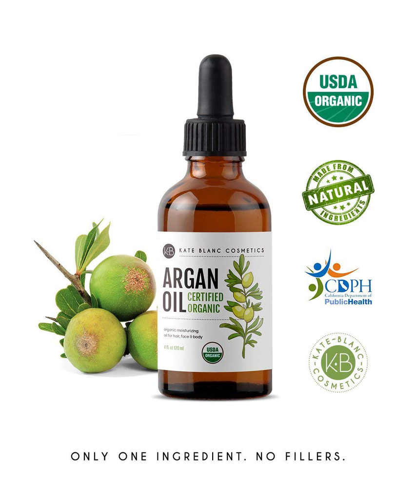 Argan Oil for Hair and Skin from Kate Blanc Cosmetics. 100% Pure, USDA Certified Organic, Coldpressed. Stimulate Growth for Dry and Damaged Hair. Skin Moisturizer. Nails Protector (Light 4Oz)