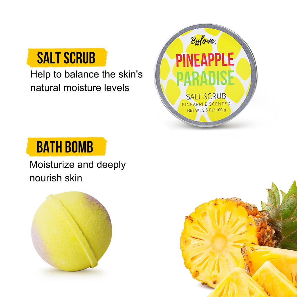 Spa Gift Set for Women, Gifts for Women, 5 Piece Bath and Body Set with Pineapple Scented Includes Essential Oil, Scented Candle, Bath Salt, Bath Bomb and Salt Scrub. Perfect Gift Box for Christmas