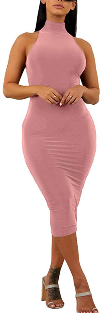 GOBLES Women's Sexy Halter High Neck Elegant Sleeveless Bodycon Midi Club Dress