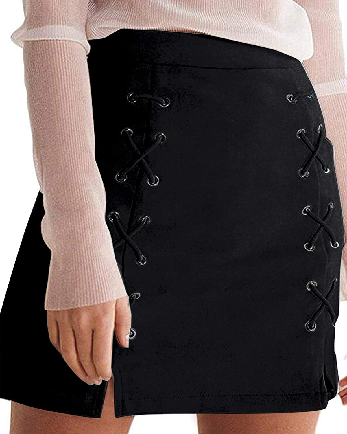 Women's Faux Leather Bodycon Mini Skirt - High Waist, Slim Fit, Lace-Up Front