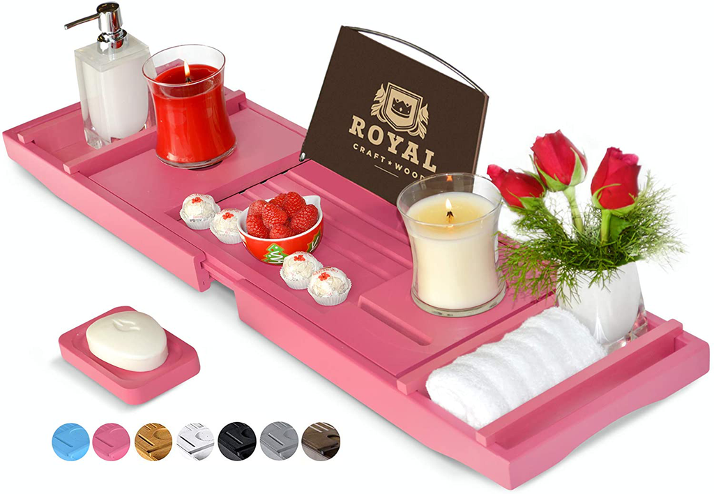 ROYAL CRAFT WOOD Luxury Bathtub Caddy Tray, 1 or 2 Person Bath and Bed Tray, Bonus Free Soap Holder (Pink)