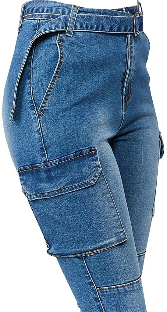 LONGBIDA High Waisted Pull On Stretch Denim Skinny Cargo Jeans for Women