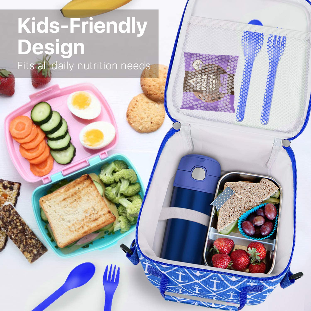 Flexzion Kids Insulated Lunch Bag for Girls and Boys, Toddler Lunch Box School Kids Lunch Bag Bento Box Daycare Lunch Box Picnic Cooler Tote Bag Easy Clean Fabric for Hot or Cold Snack, Sailor Design