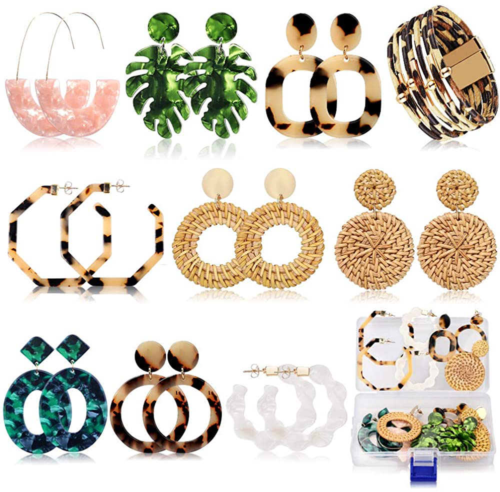 Acrylic Earrings for Women Girls Drop Dangle Leaf Earrings Resin Minimalist Bohemian Statement Jewelry Mottled Hoop Earrings Gifts(9 pair Rattan Acrylic)
