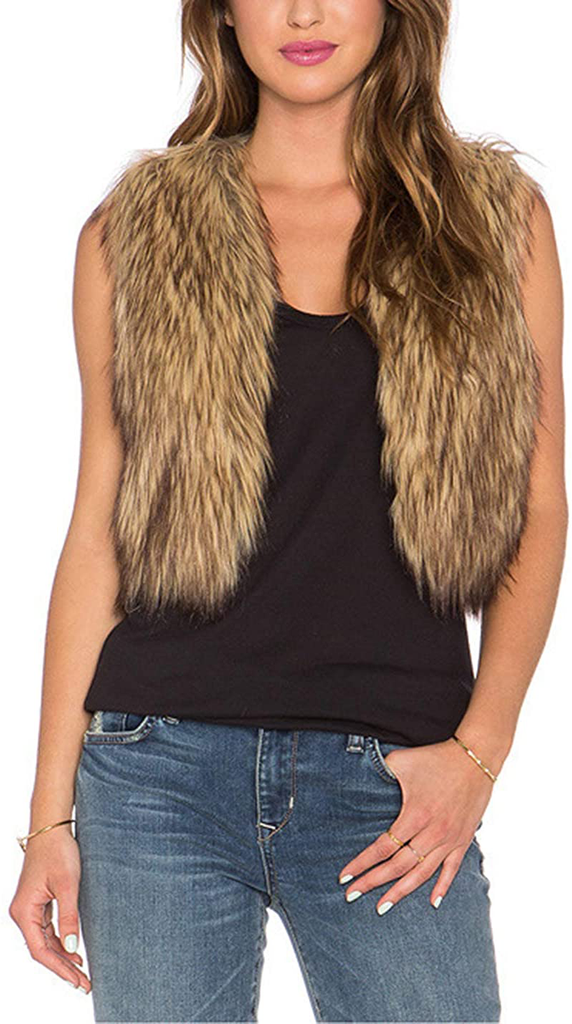 Tanming Women's Sleeveless Open Front Fluffy Short Faux Fur Vests Waistcoats