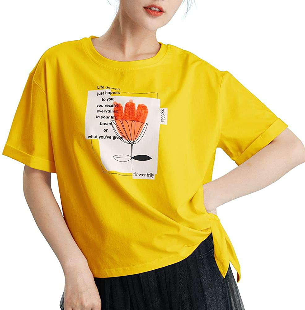 minkekeji Women Tie Front Knot T-Shirt Loose Fitting Short Sleeve T Shirts