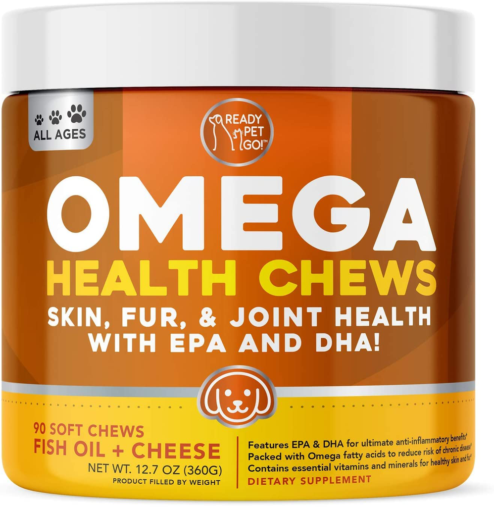 Ready Pet Go! Omega 3 for Dogs | Fish Oil for Dog Shedding, Skin Allergy, Itch Relief, Mange and Hot Spots Treatment | EPA & DHA | Natural Joint Supplement for Dogs, Heart and Brain Health | 90 Chews