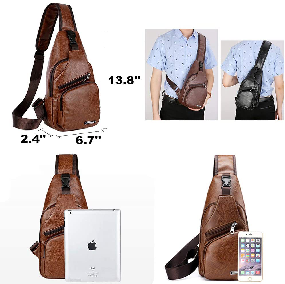 Peicees Leather Sling Bag w/ USB Charge Chest Crossbody Backpack Daypack for Men