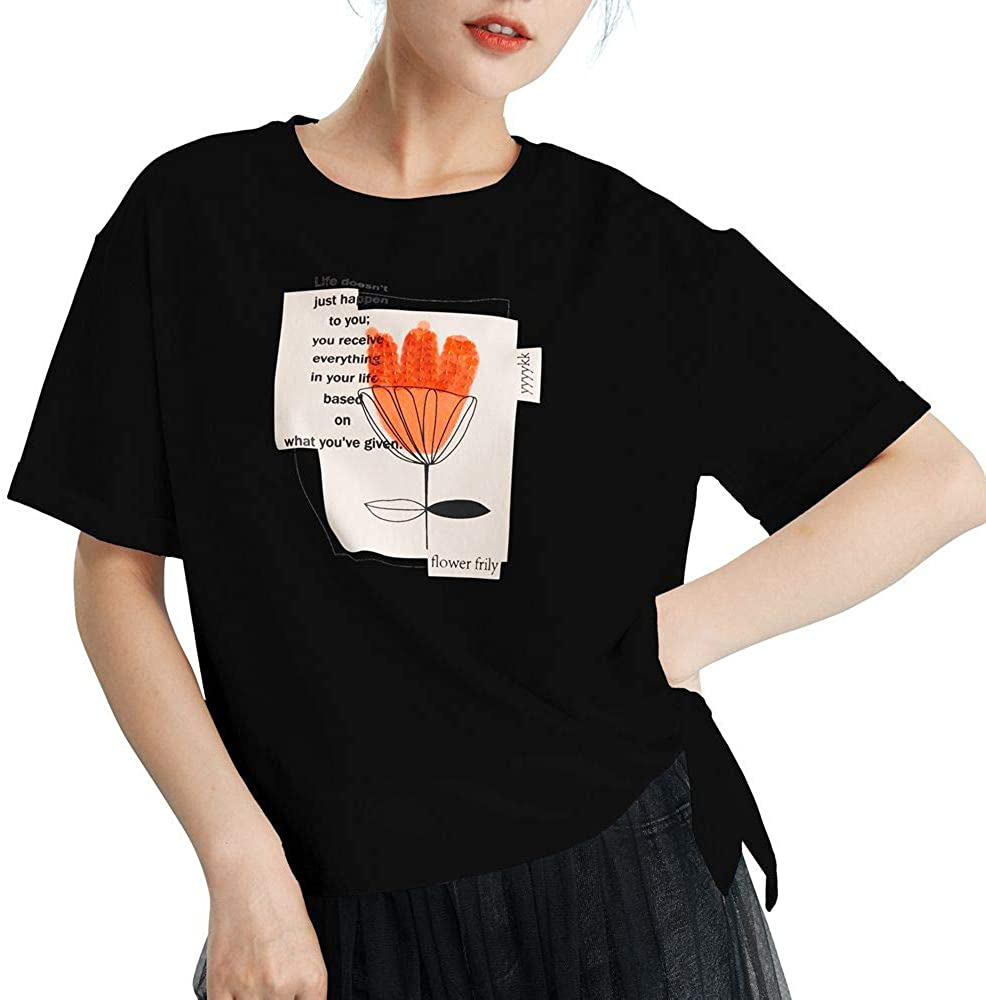 minkekeji Women Tie Front Knot T-Shirt Loose Fitting Short Sleeve T Shirts