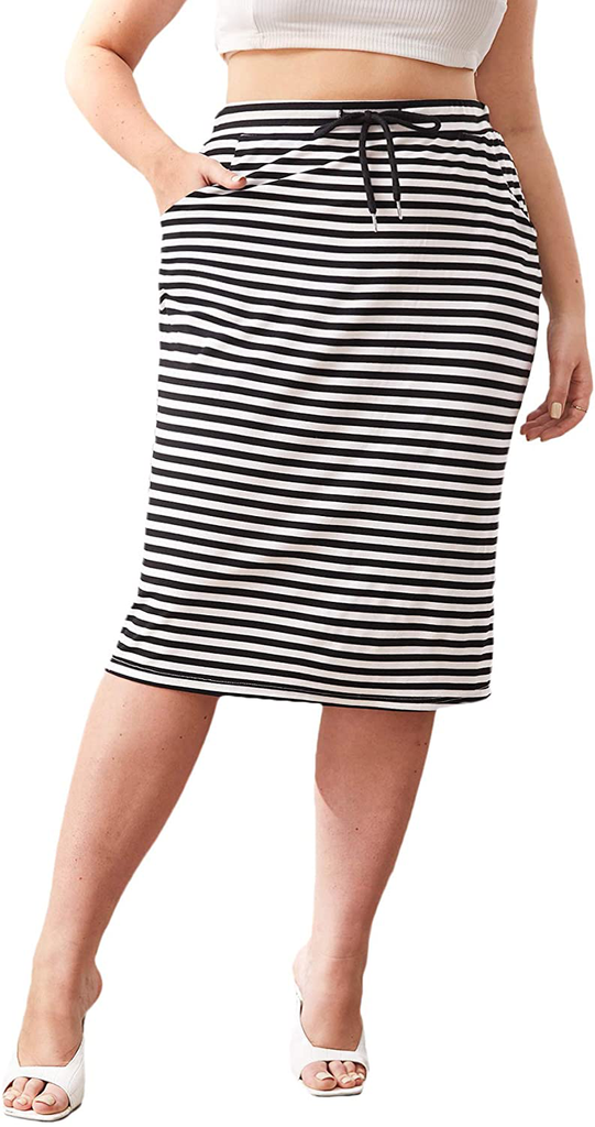 SheIn Women's Plus Striped Drawstring Waist Skirt Pockets Side Straight Midi Skirt