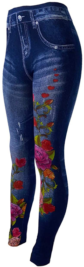 CLOYA Women's Denim Print Seamless Full Leggings for All Seasons - One Size Fits Large & X-Large