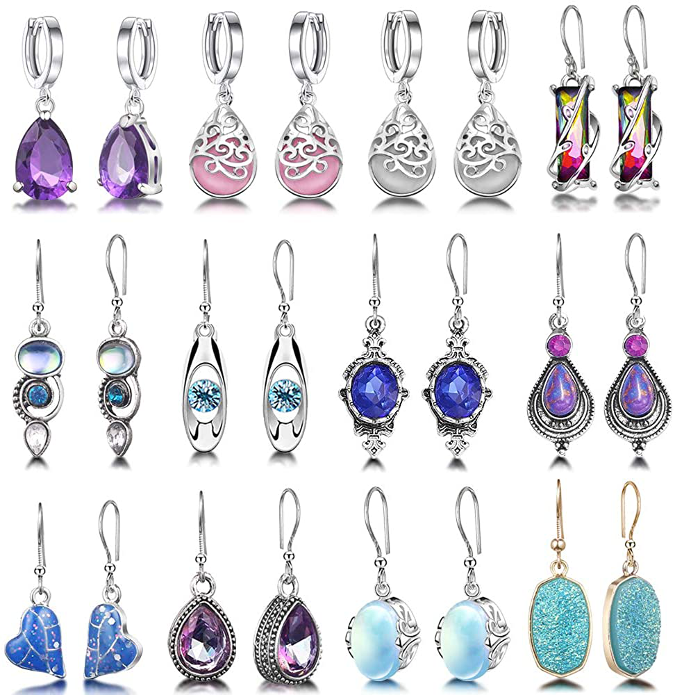 12 Pairs Teardrop Druse Crystal Drop Dangle Earrings for Women Girls Cubic Zirconia Huggie Hoop Earring Jewelry Set Christmas Gifts