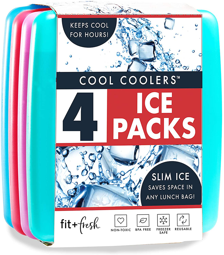 Fit + Fresh Cool Coolers Slim Ice Packs, Reusable Ice Packs for Lunch Bags, Beach Bags, Coolers, and More, Set of 4, Multicolored