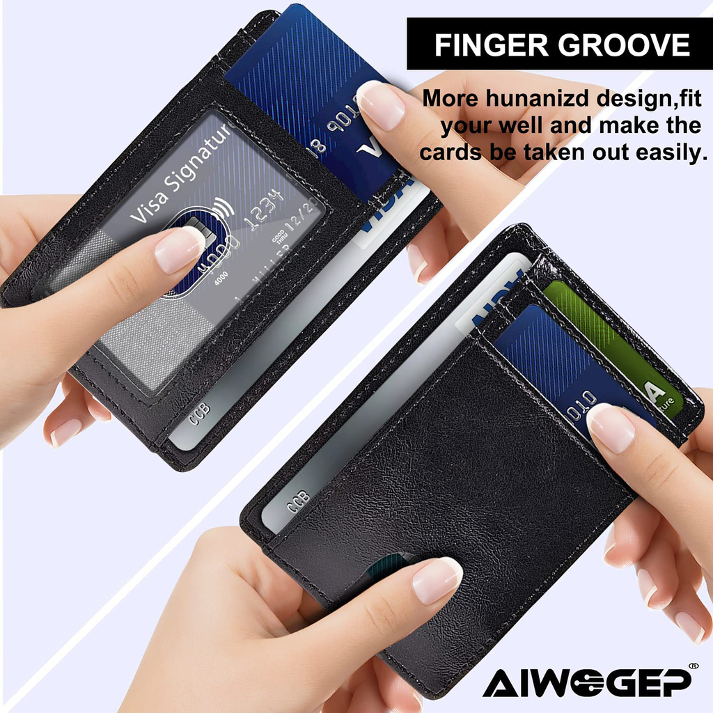AIWOGEP Men's wallet, ultra-thin leather wallet, portable 8 card holder, simple slim wallet, gift for men/women, with gift box (Oil wax pattern)