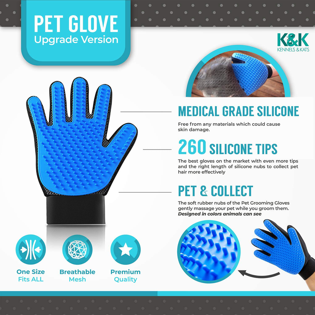 KENNELS & KATS New Version Pet Grooming Gloves, Premium Deshedding Glove for Easy, Mess-Free Grooming of Cats, Dogs, Rabbits and Horses with Long/Short/Curly Fur