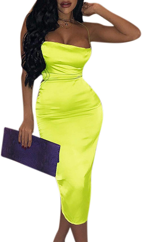 JUMISEE Women Neon Satin Sexy Bodycon Elegant Backless Long Midi Dress for Cocktail Party Clubwear