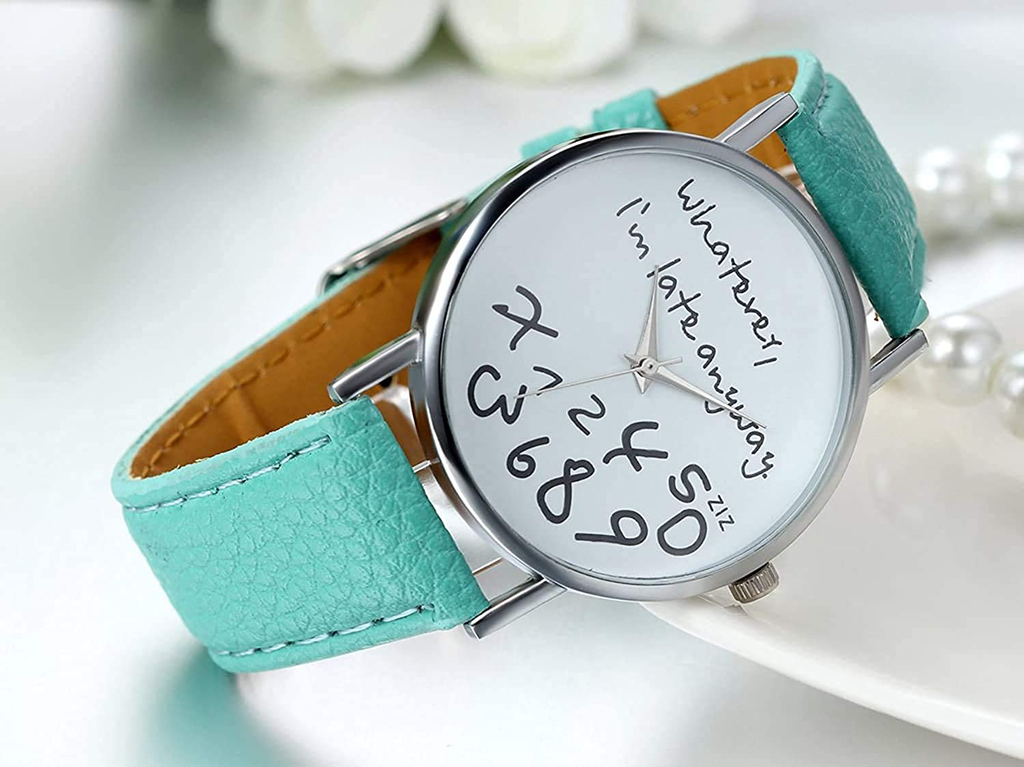 Unisex Female Women Ladies Girls"Whatever, I'm Late Anyway" Love Gift Leather Strap Watches Quartz Wrist Watch