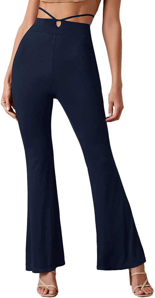 SheIn Women's Cut Out High Elastic Waist Long Pants Flare Leg Solid Trousers