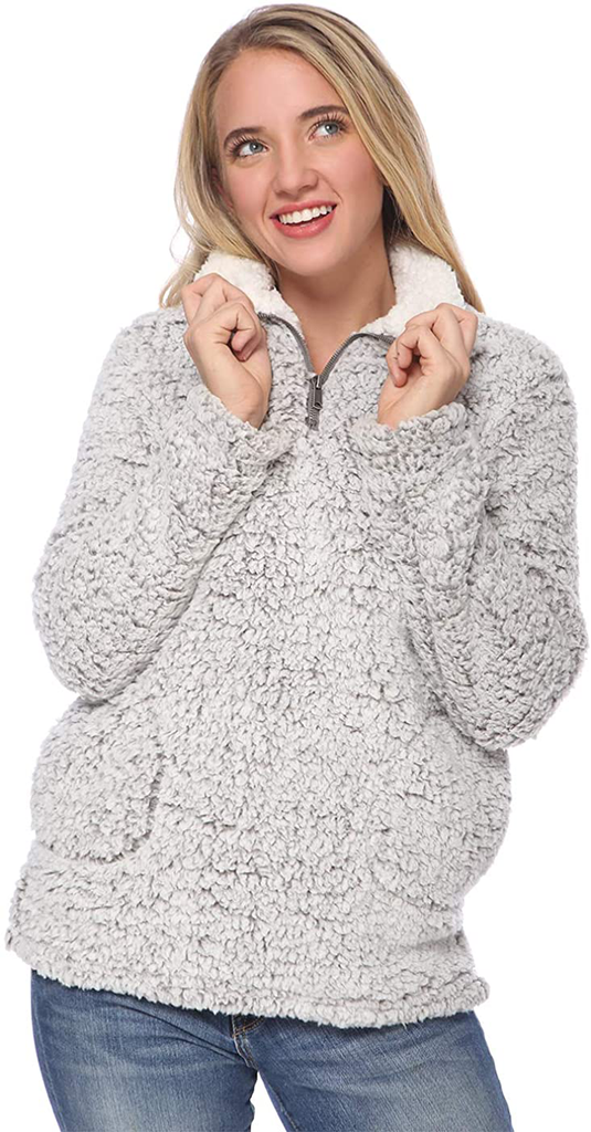 Anna-Kaci Womens Long Sleeve Zipper Pockets Pullover Soft Sherpa Outwear Sweater