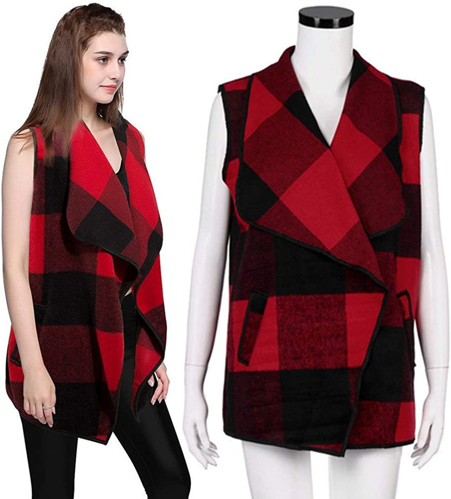 Womens Casual Lapel Open Front Plaid Vest Cardigan Coat with Pockets Sleeveless